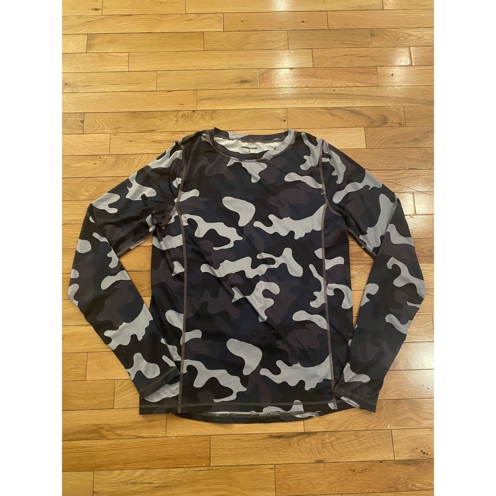 Lands End Boys XL 18-20 Rash Guard Long Sleeve Camo Swim Shirt Grey Black